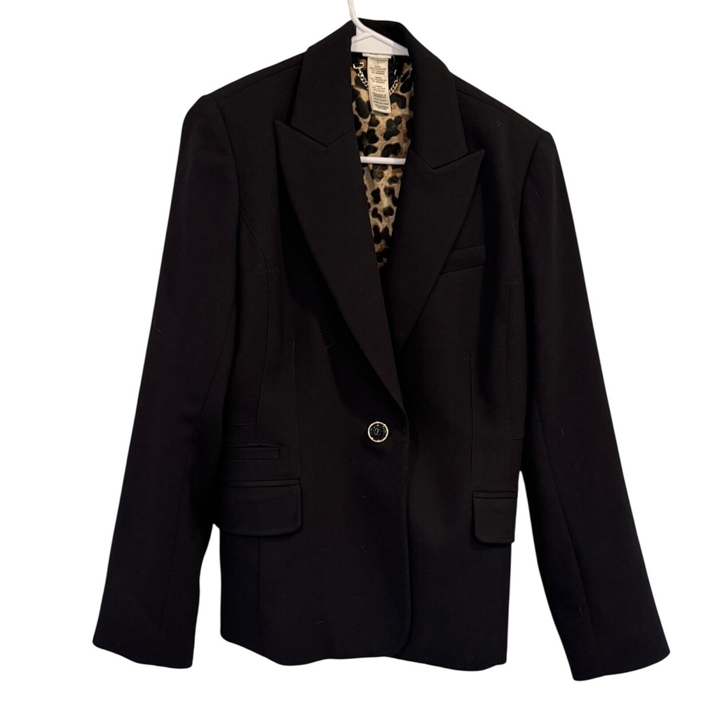 Cache Black Lace Up Back Blazer Leopard Print Lining Gold Button Size 6